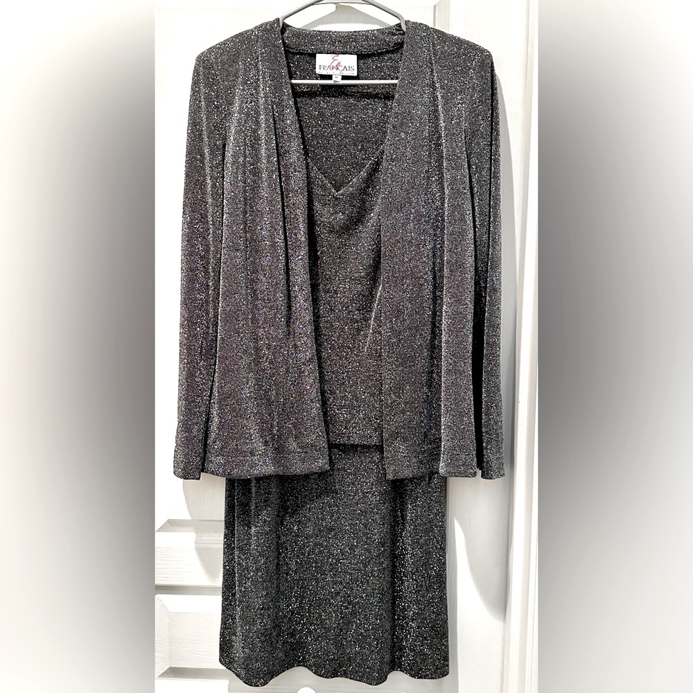 Vintage En Francais Sparkling 2 Piece Skirt & Jacket Ensemble in Metallic Silver